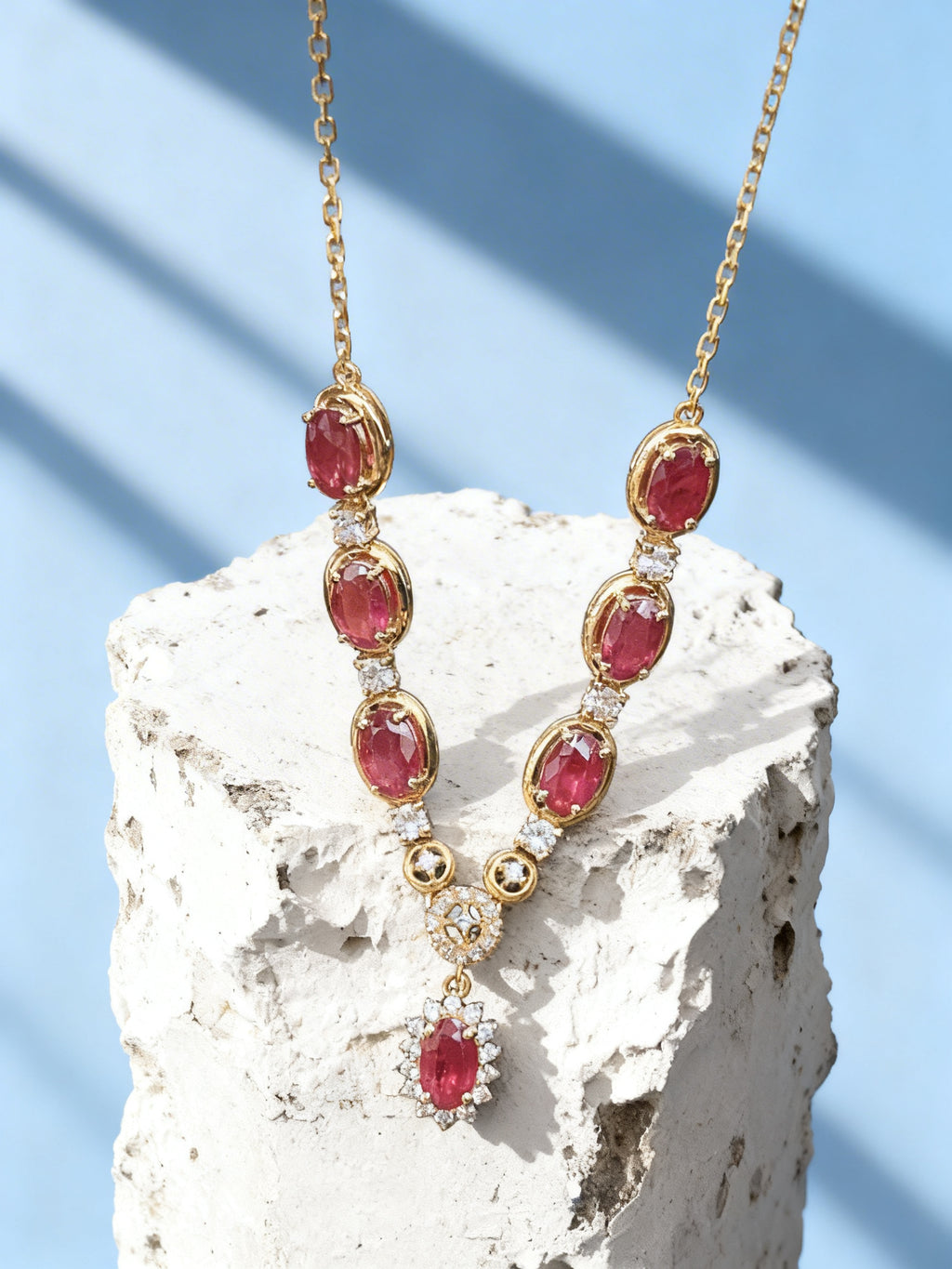 Natural Ruby Necklace in 18K Gold, Diamond Accent, Sapphire Accent