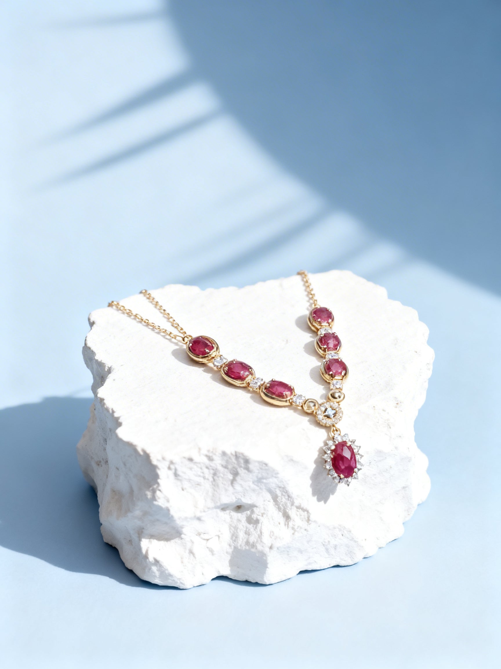 Natural Ruby Necklace in 18K Gold, Diamond Accent, Sapphire Accent