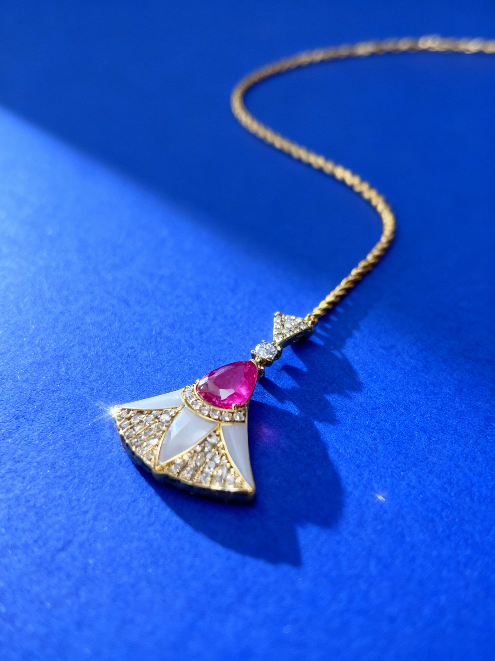 Unheated Ruby Necklace in 18K Gold, Diamond Accent, Sapphire Accent