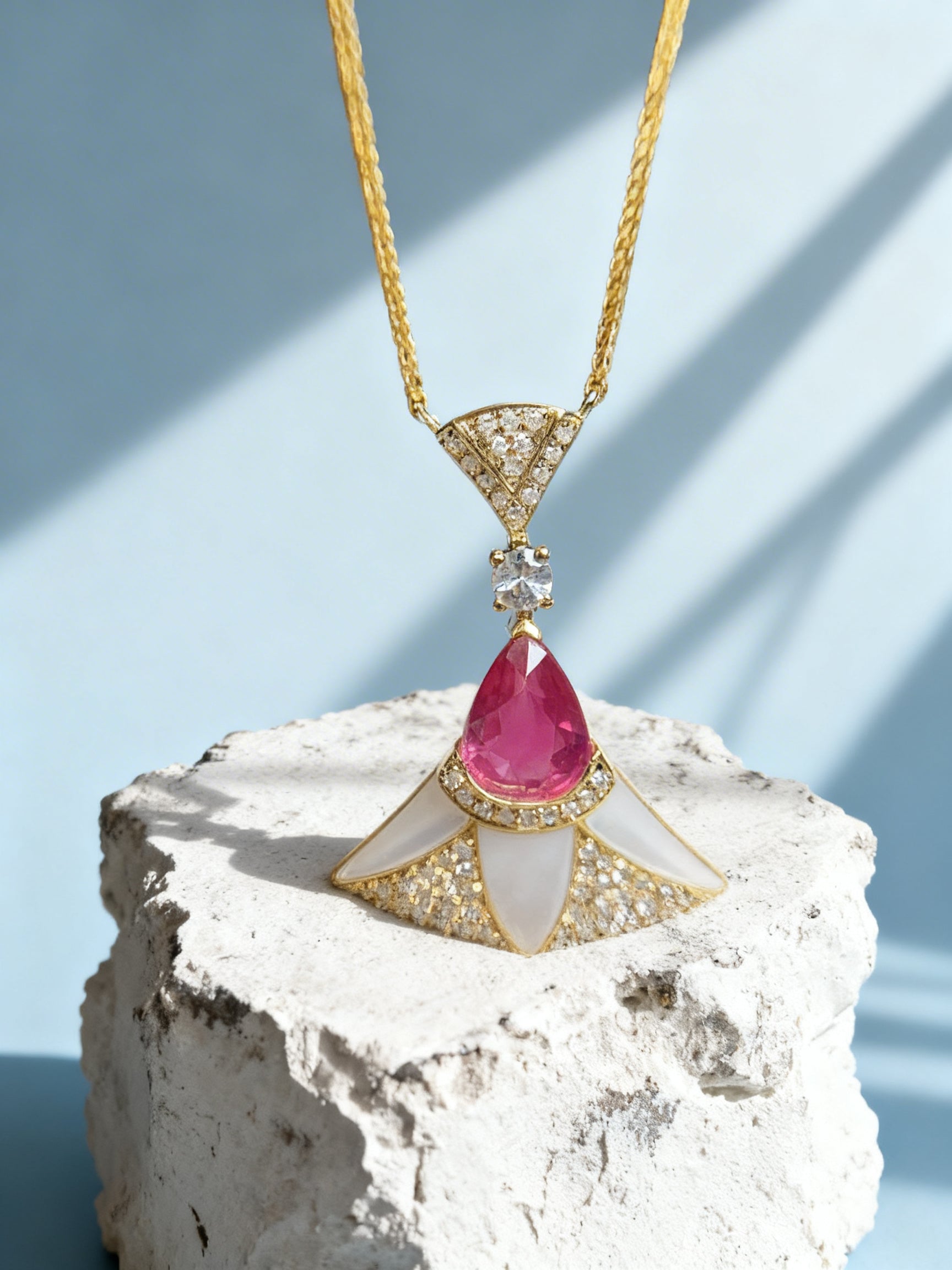 Unheated Ruby Necklace in 18K Gold, Diamond Accent, Sapphire Accent