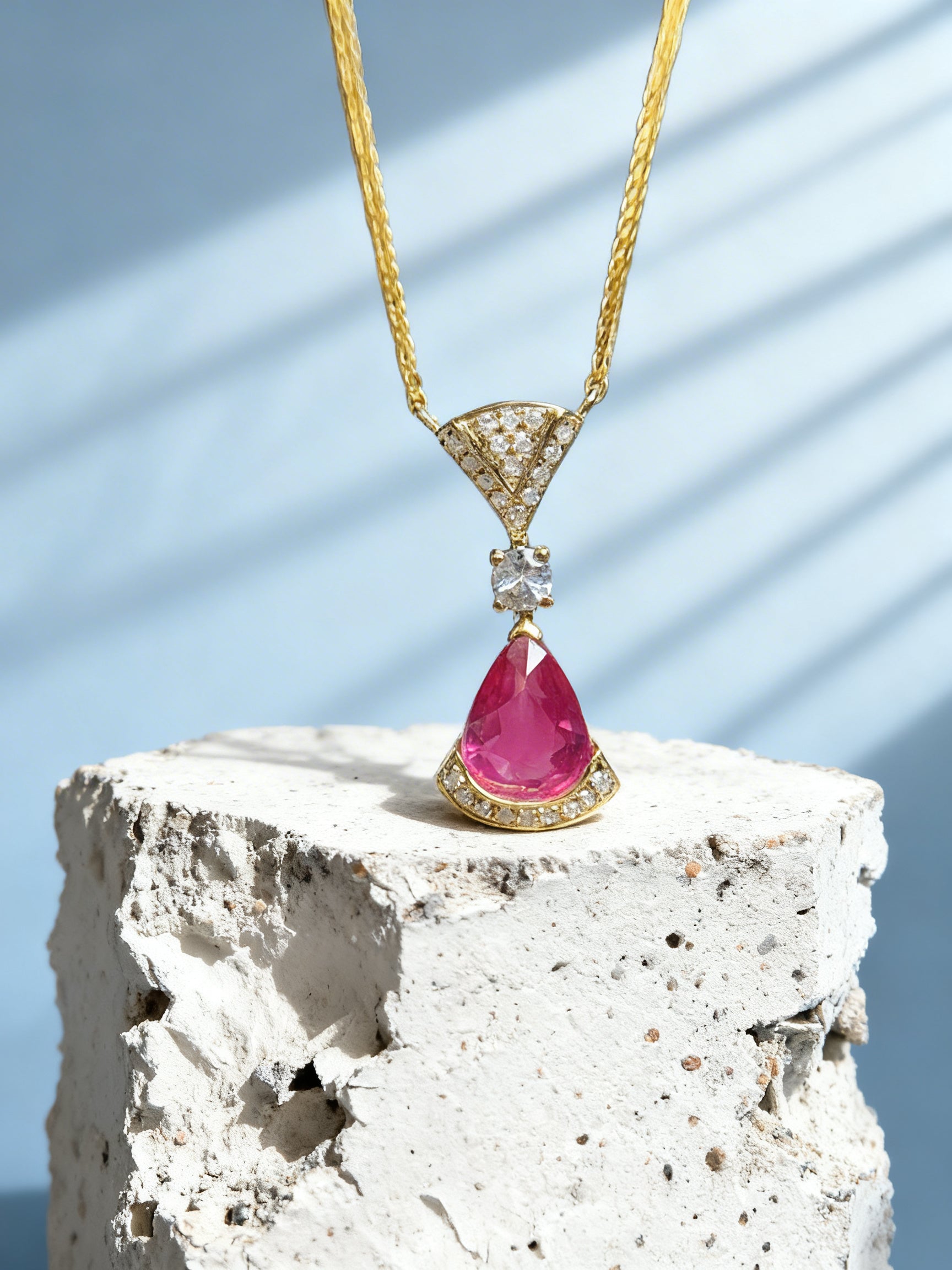Unheated Ruby Necklace in 18K Gold, Diamond Accent, Sapphire Accent