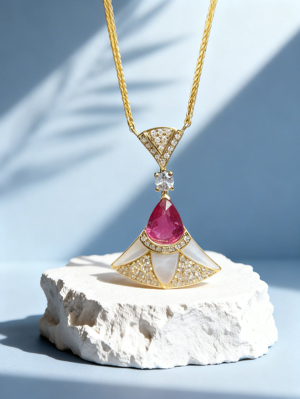 Unheated Ruby Necklace in 18K Gold, Diamond Accent, Sapphire Accent