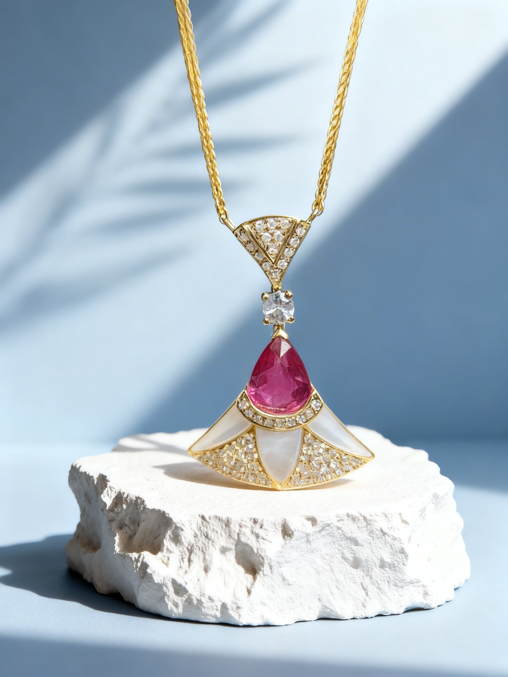 Unheated Ruby Necklace in 18K Gold, Diamond Accent, Sapphire Accent