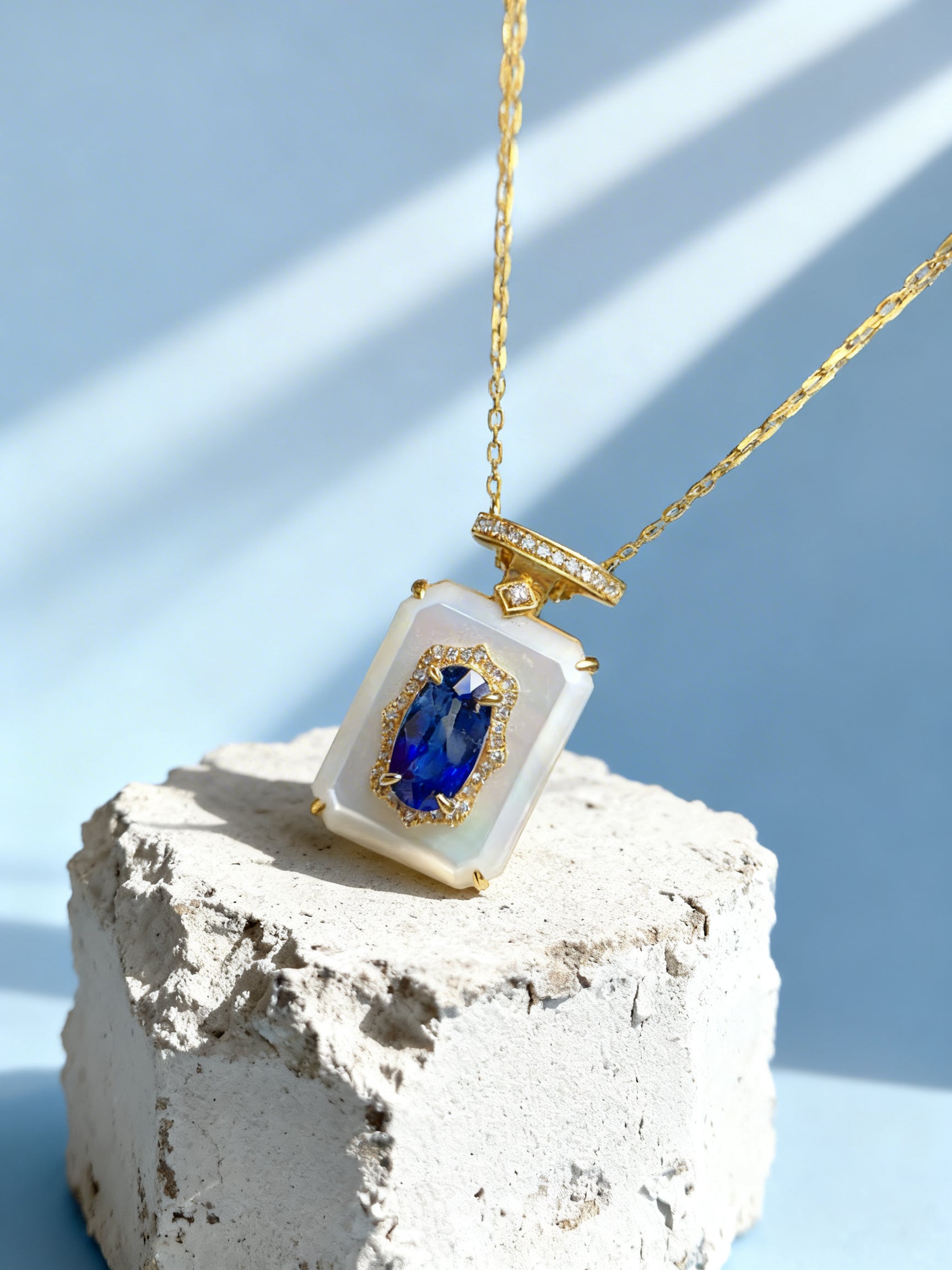 Natural Sapphire Necklace in 18K Gold, Diamond Accent