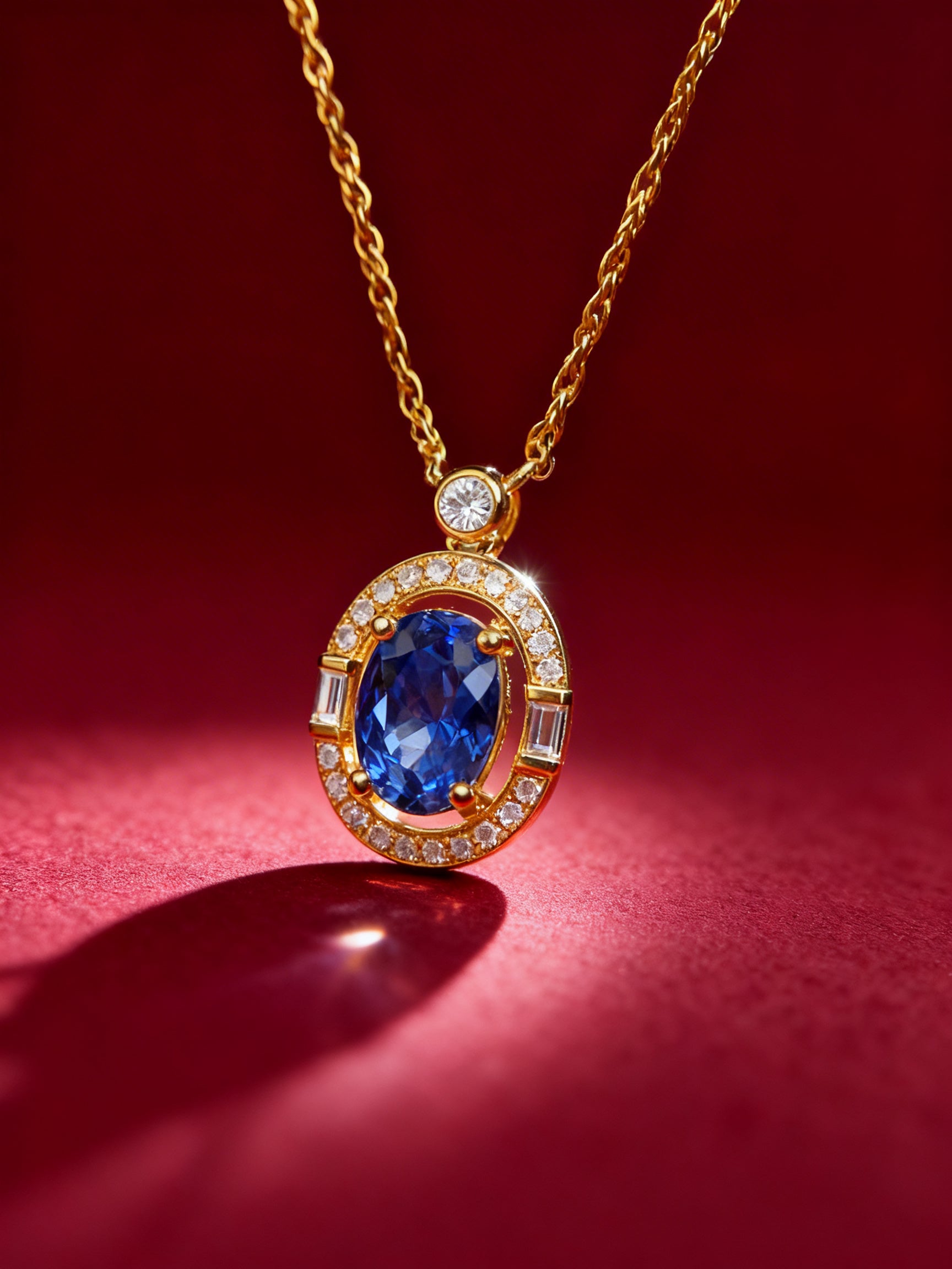 Natural Sapphire Necklace in 18K Gold, Diamond Accent