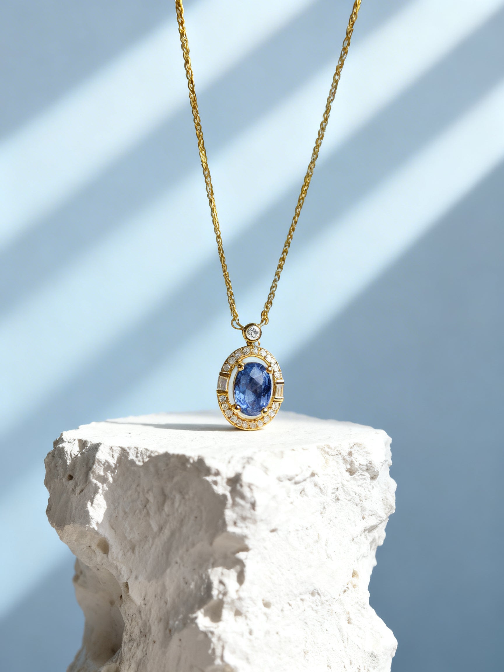 Natural Sapphire Necklace in 18K Gold, Diamond Accent